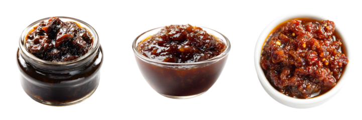 Various Fruit Chutneys in Glass and Ceramic Bowls on White Background