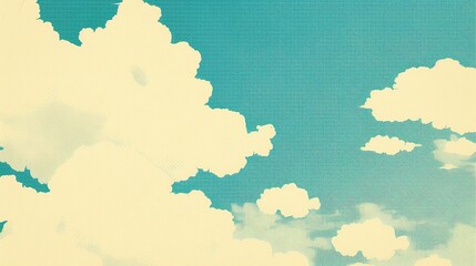 Obraz premium The abstract blue and white cloud pattern is designed in a halftone print style, set against a light yellow background and light blue color palette, providing a vibrant visual appeal.