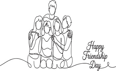 Friendship Day Celebration Continuous Line Art Depicting a Group of Friends Embracing with Handwritten Text