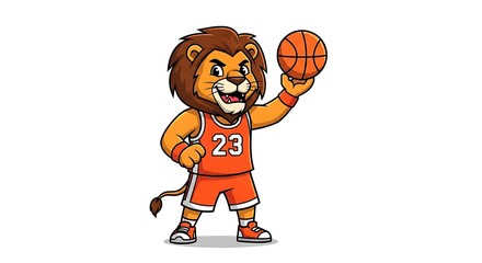 A cartoon lion wearing a basketball uniform, holding a ball up high.