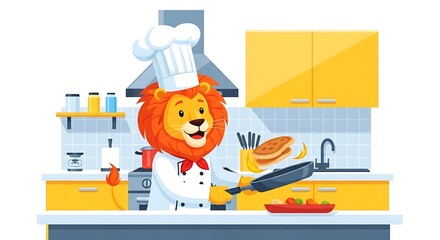 A cartoon lion chef flipping a pancake in a brightly lit kitchen, preparing food.