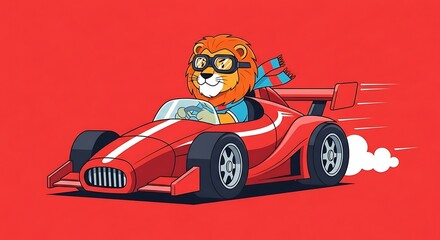 A lion in aviator goggles speeds along in a red race car.