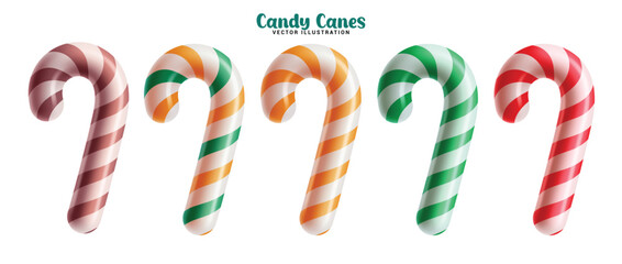 Candy canes 3d clipart set. Candy cane colorful clip art collection with stripes pattern for holiday christmas decoration elements in white background vector illustration.
