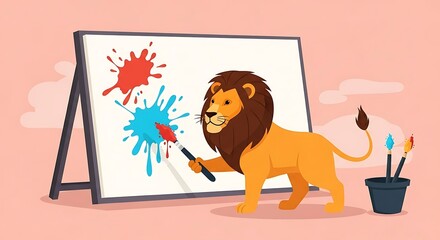 A majestic lion paints a vibrant canvas, splattering colors with artistic flair.