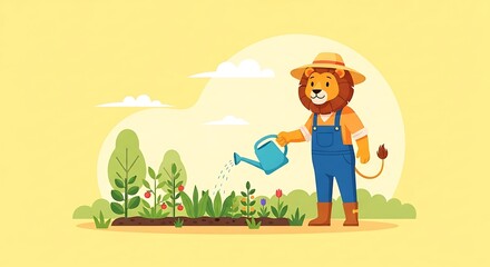 A cartoon lion farmer waters a vibrant garden bed filled with various plants.