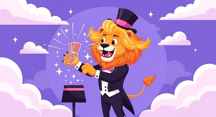 A jovial lion magician performs a card trick, sparkling magic amidst fluffy clouds.