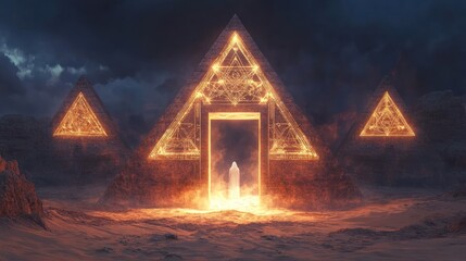 Three glowing pyramids on a misty, otherworldly landscape, under a stormy sky