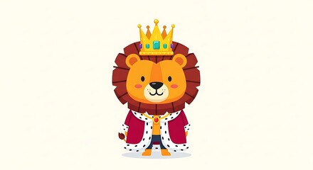 A regal cartoon lion, wearing a golden crown and crimson robe, stands proudly.