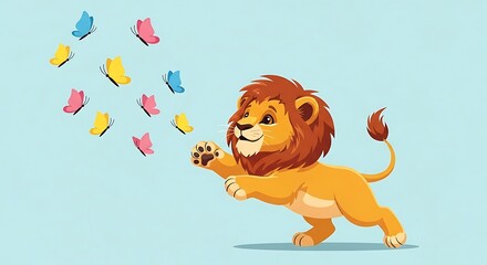 Playful lion cub joyfully chases colorful butterflies in a light blue sky.