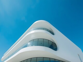 Modern minimalist architecture with curved white building facade and glass windows under clear blue sky, showcasing contemporary design and clean lines, ideal for architecture background and wallpaper