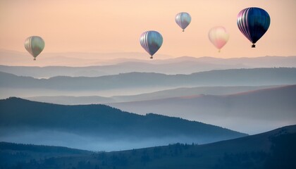 Fototapeta premium hot air balloons over layered hills__ 