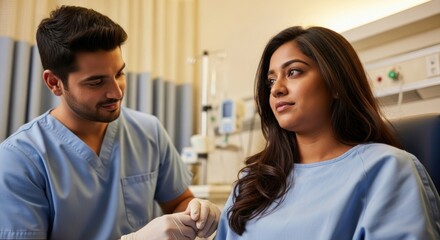 Fototapeta premium Caring doctor holds the hand of a young female patient in a hospital room, offering support and compassion during her recovery, showcasing healthcare and empathy.