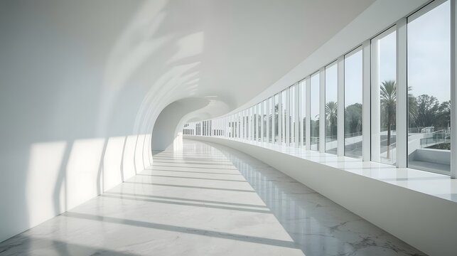 Minimalist modern architectural corridor with curved white walls, tall glass windows, and natural light casting geometric shadows on marble floor, perfect for clean design, architecture, and backgroun