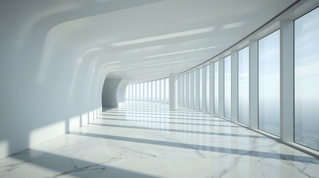 Minimalist modern architectural corridor with curved white walls, tall glass windows, and natural light casting geometric shadows on marble floor, perfect for clean design, architecture, and backgroun