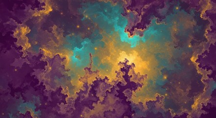 A captivating fractal art piece showcases a blend of purple, gold, and turquoise hues, creating an abstract nebula-like design perfect for backgrounds and creative projects.