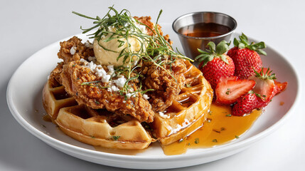 Golden Delight: Crispy, juicy fried chicken meets the fluffy, buttery embrace of a golden waffle.  Served with fresh strawberries, drizzle of syrup