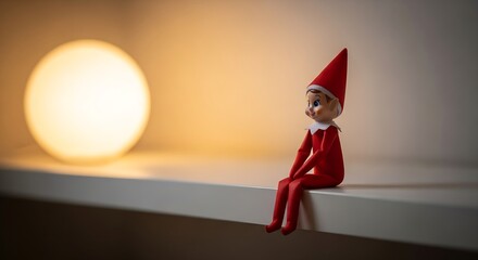 Christmas Elf Sitting Alone in Front of a Glowing Light Symbolizing Loneliness and Christmas Spirit