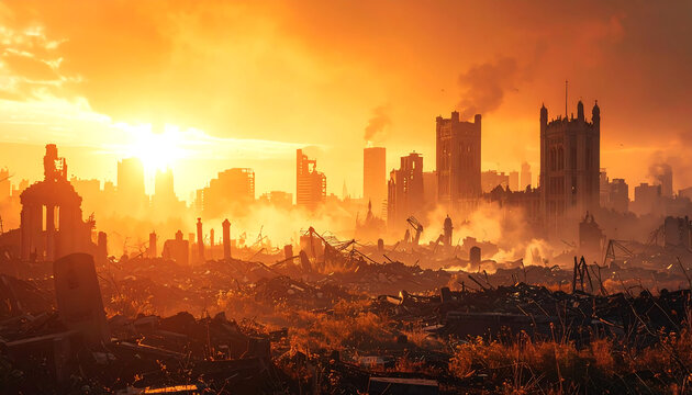 Apocalyptic Cityscape Golden Sunset Over Ruins and SmokeFilled Skyline.