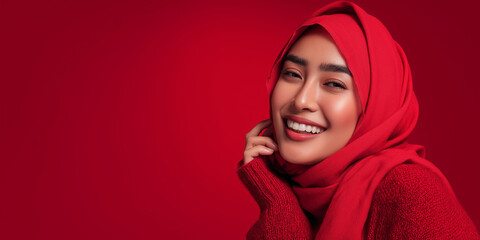  Smiling woman in red hijab | Confident fashion portrait on red background
