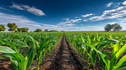 Green cornfield under blue sky | Agricultural landscape with young maize plants