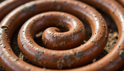 Brown snail shell in a spiral shape on earthy background  