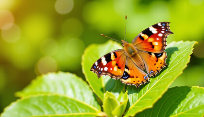 Fototapeta premium Butterfly resting on green leaf in bright garden setting 