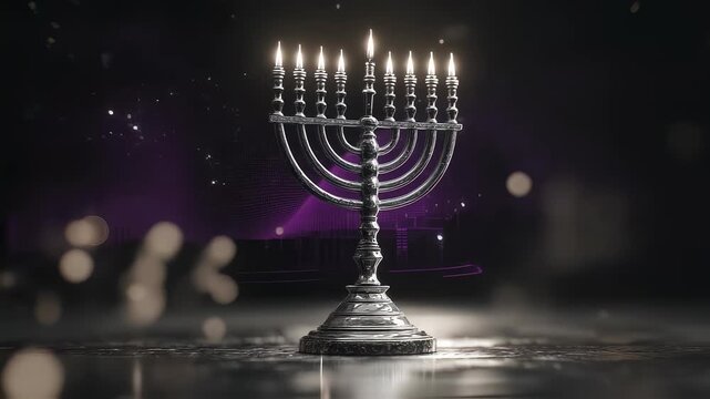 Silver menorah with lit candles on dark purple background  