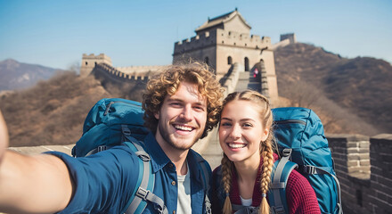Smiling young couple taking selfie at Great Wall of China wearing backpacks sunny day travel adventure