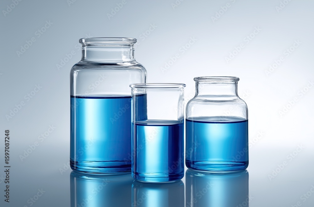 Poster three glass vials with blue liquid in varying sizes and shapes, arranged in a row on a clean backgro