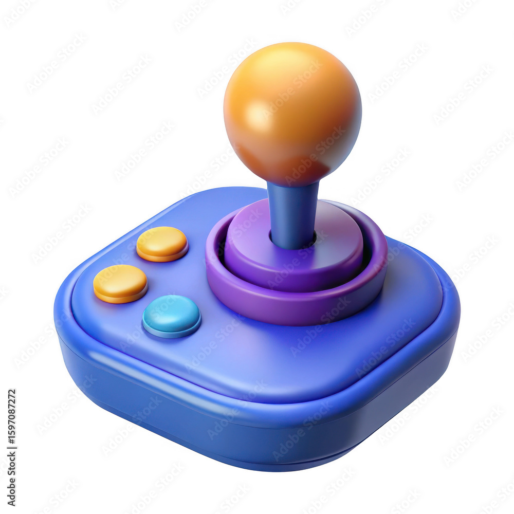 Poster retro arcade joystick controller with colorful buttons isolated on transparent background