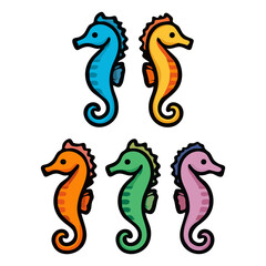 Playful collection of five cartoon seahorses, each uniquely colored and outlined in black