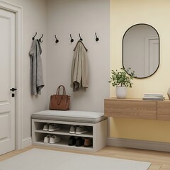 Modern Entryway: Minimalist Design with Bench, Mirror, and Stylish Decor.