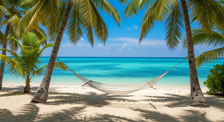 White Hammock Between Palm Trees on a Turquoise Ocean Beach Idyllic Tropical Vacation Scene Sunny Day Relaxing Summer Getaway
