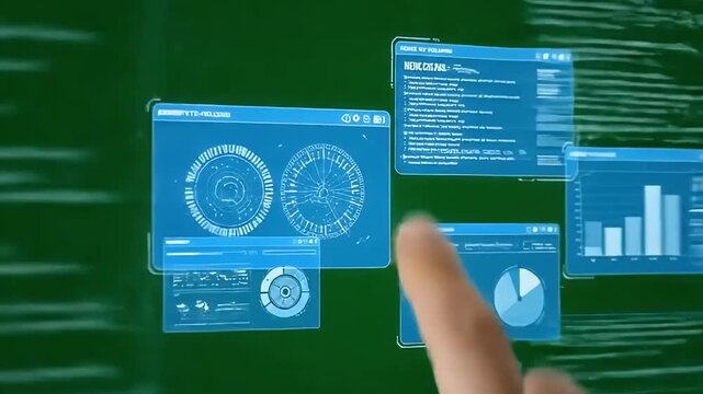 Interactive digital interface showcasing data visualization and analysis through intuitive fingertip interaction on a touchscreen display.