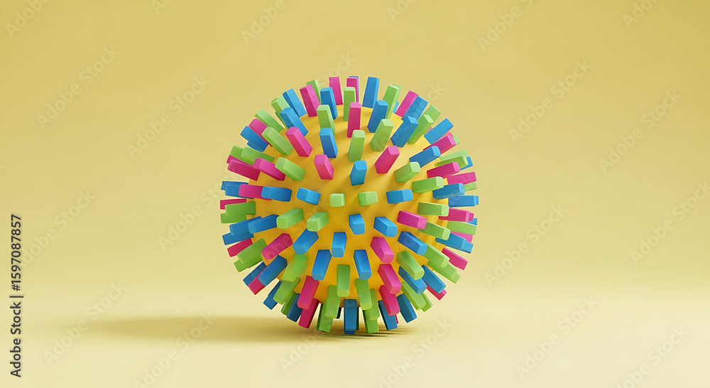 Poster Yellow Sphere Decorated with Multicolored Short Rectangular Blocks on Pale Yellow Background 1