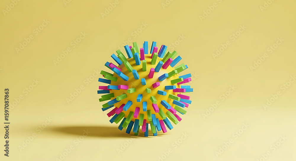 Poster yellow sphere decorated with multicolored short rectangular blocks on pale yellow background