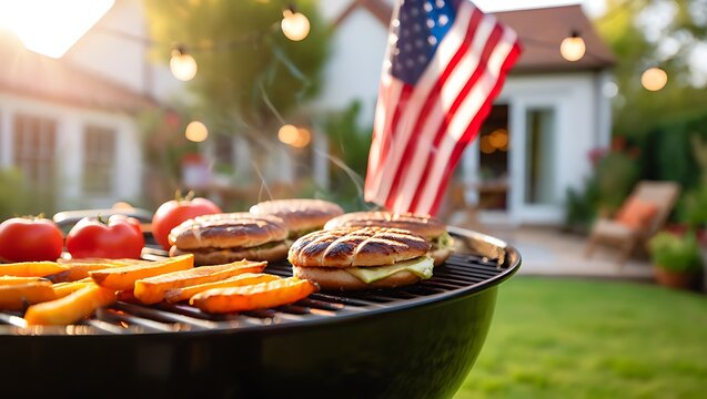 Backyard barbecue with a grill full of burgers, sweet potatoes, and tomatoes, American flag waving in the background, Summer grill-out with patriotic decorations and delicious food