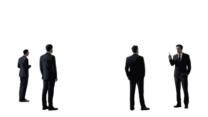 Businessmen discussing ideas in formal suits on white background  
