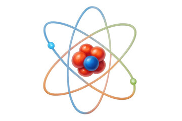 Rotating colorful atom model with orbiting electrons, scientific visualization representing atomic structure on transparent backdrop