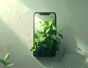 A smartphone sprouting green leaves, representing tech and nature fusion.