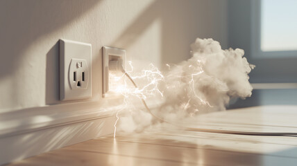 Dramatic scene of electrical outlet with sparks and smoke, highlighting dangerous electrical malfunction in bright modern interior. light tones of room contrast with alarming situation