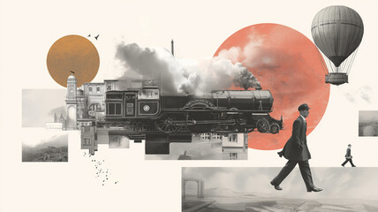 Surreal collage features vintage steam train, man walking, and hot air balloon against backdrop of architectural elements and abstract circles, evoking sense of nostalgia and exploration