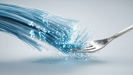 Fork entangled with glowing blue fiber optic cables, symbolizing technology and connectivity. image creatively blends everyday objects with digital elements, evoking innovation
