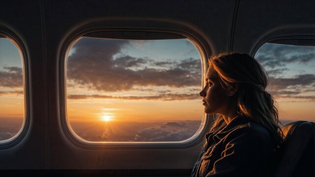 Woman gazing through airplane window during sunset flight