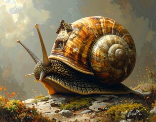 A real house on a snail shell, metaphor of burden and mobility