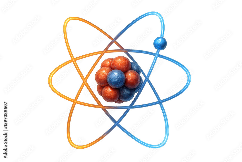Poster 3d illustration of atom nucleus with electrons orbiting around it, isolated on transparent backgroun