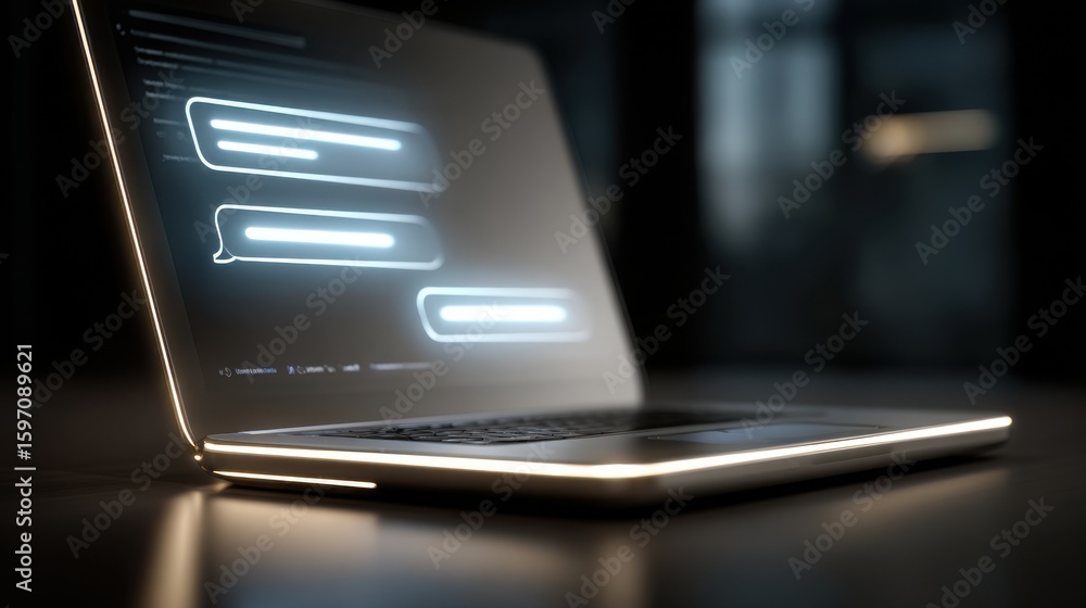 Poster laptop displaying chat bubbles on dark surface background image