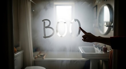 Scary Ghostly Boo Message Written by Hand on Steamy Bathroom Mirror With Bathtub and Sink Visible Through Fog