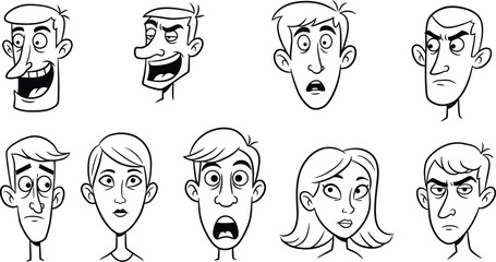 set of cartoon men and woman in many expresion. potrait illustration
