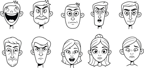 set of cartoon men and woman in many expresion. potrait illustration